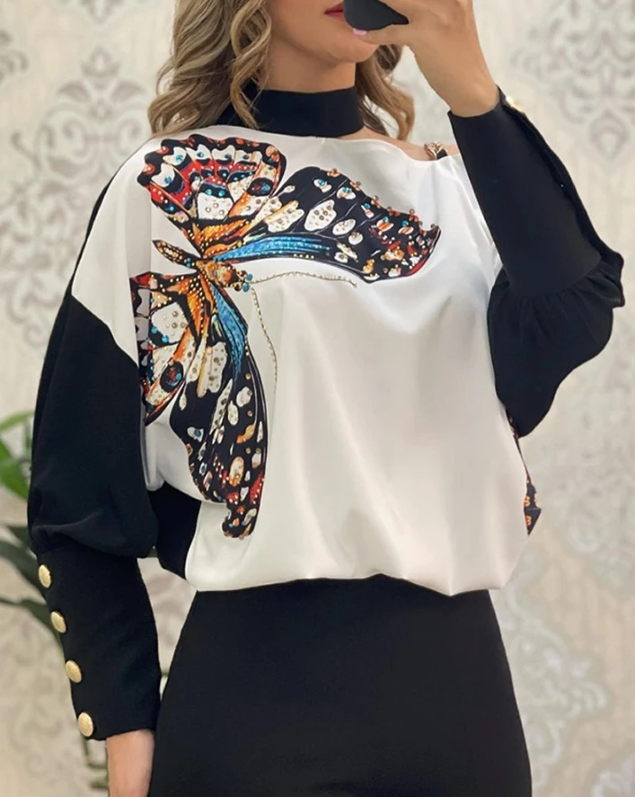 

Women Blouse One Shoulder Asymmetrical Hanging Neck Tee Colorblock Butterfly Print Buttoned Chain Cold Long Sleeve Casual Tops