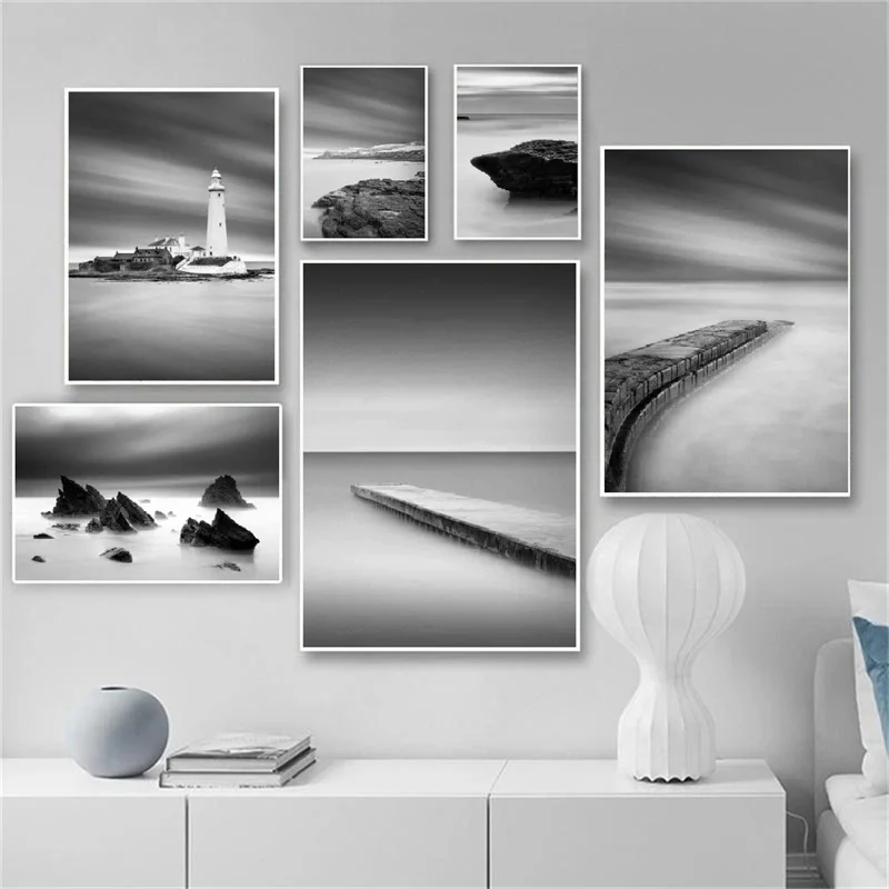 

Black White Minimalist Landscape Art Painting Canvas Prints Bridge Lighthouse Posters Wall Art for Living Room Modern Home Decor