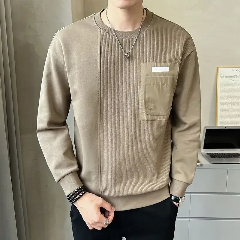 

T Shirt for Man Spliced Top White Men's Clothing Sweatshirts Formal Round Neck Business Harajuku Fashion Regular Fit Cotton Emo
