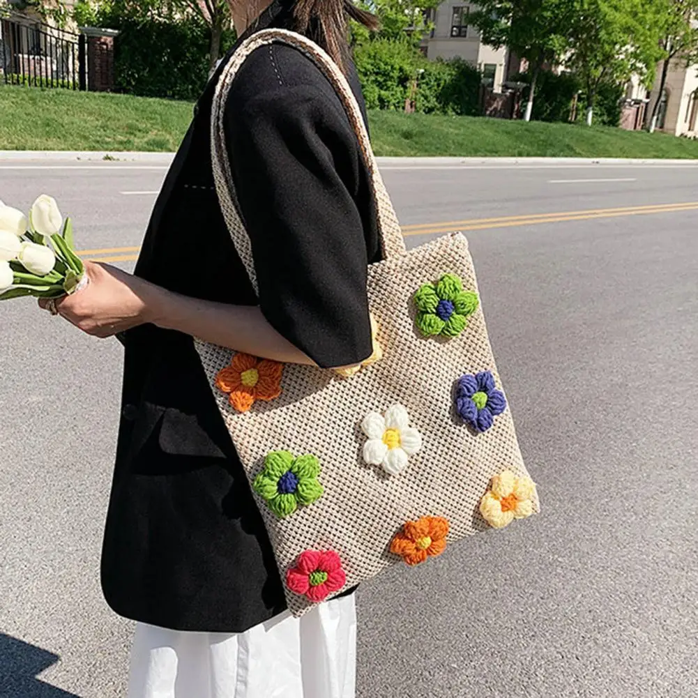 Bright Color Women Shoulder Bag Crochet Flower Large Capacity Women Handbag Hand Woven Colorful Hollow Out Tote Bag For Outdoor
