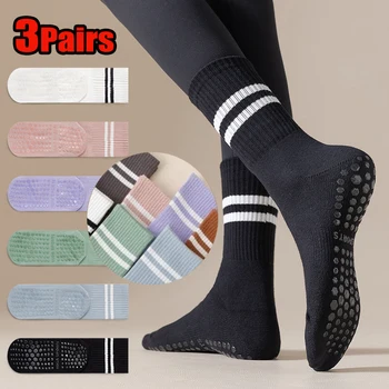 3 Pairs Pilates Socks Women Professional Non-slip Stripe Yoga Socks Sport Fitness Dance Ballet Silicone Mid-tube Socks