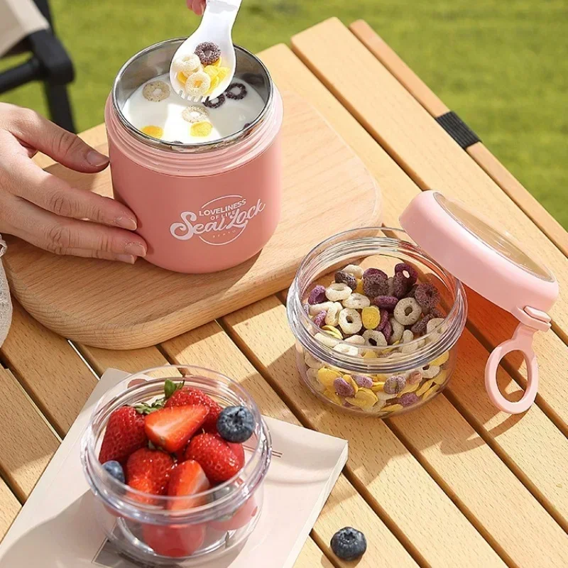 Stainless Steel Double Layer Salad Cup with Spoon Breakfast Oat Milk Fruit Salad Bowl Portable Lunch Box Office Worker Students