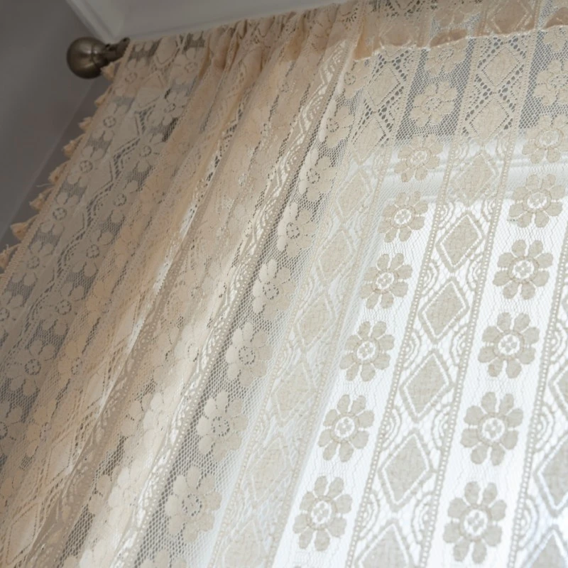 American Style Hollowed Out Beige Flower Fringe Curtain Finished Free Perforated Rod Pocket Bedroom Living Room Curtains 3