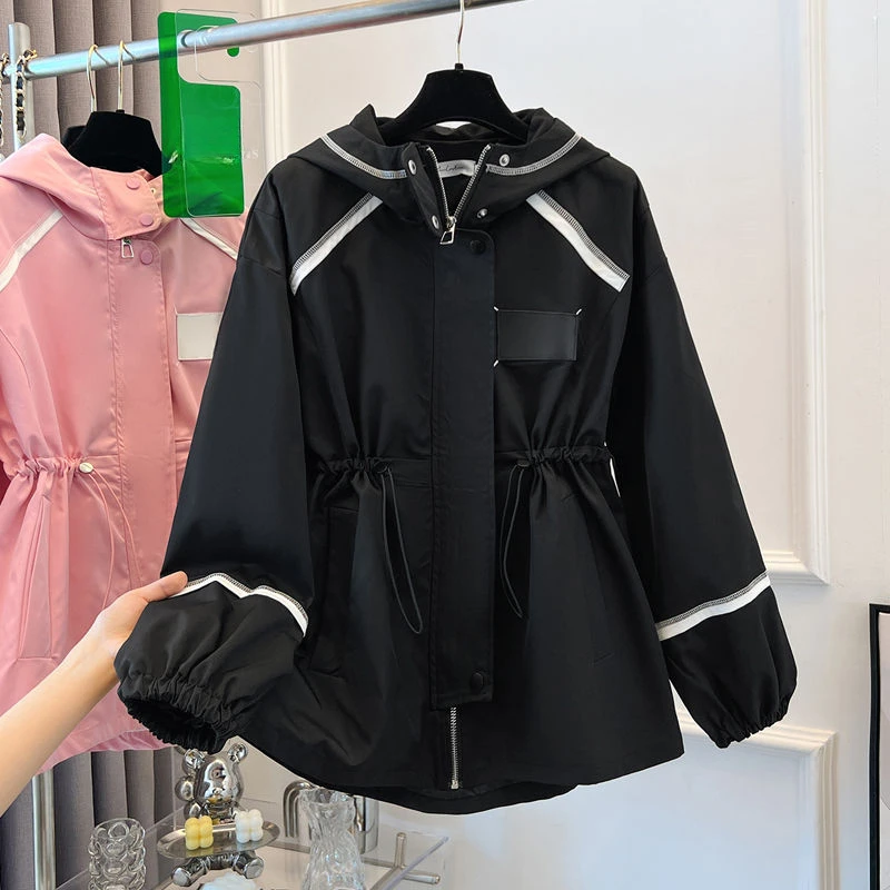 

2023 New Loose Fitting Casual Waistband Hood Slimming Design Style Unique Work Attire Trench Coat For Women Pink Trench Coat