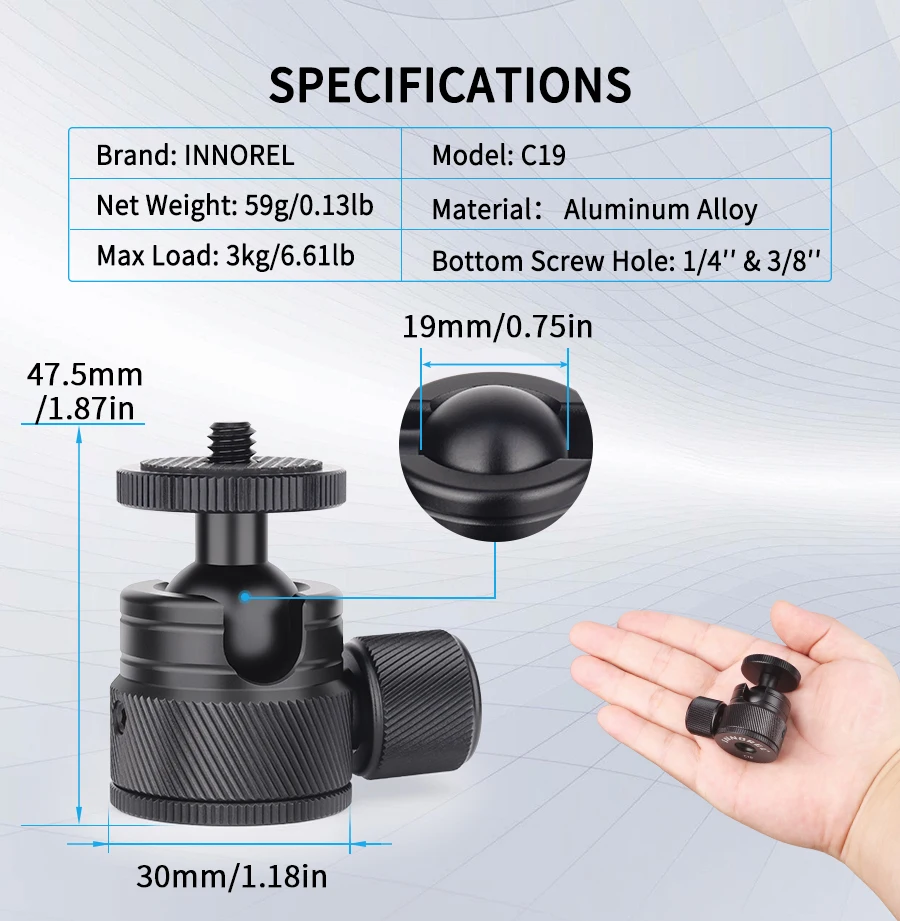 Mini Ball Head- C19 Mount Tripod Head-CNC Metal Low Profile Ballhead 360° Pan 90