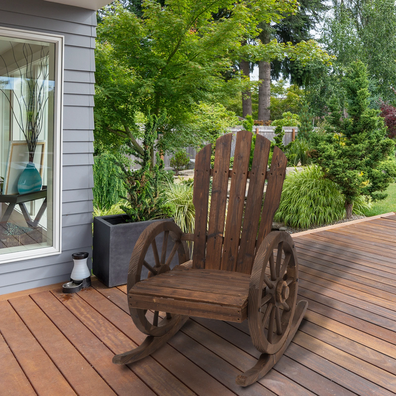 Rustic Wood Adirondack Rocking Patio Chair w/ Slatted Design, Wheel Armrests 2