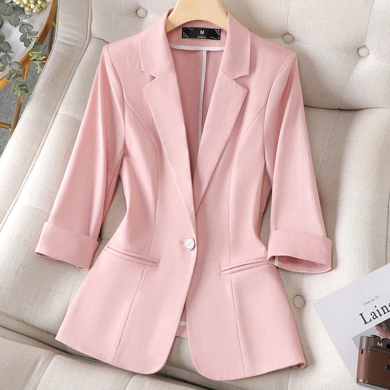 NAVIU Ladies Women Blazer Spring New Professional Half Sleeve Jacket Solid Color Simple Party Coat Blue Black Yellow Pink 5