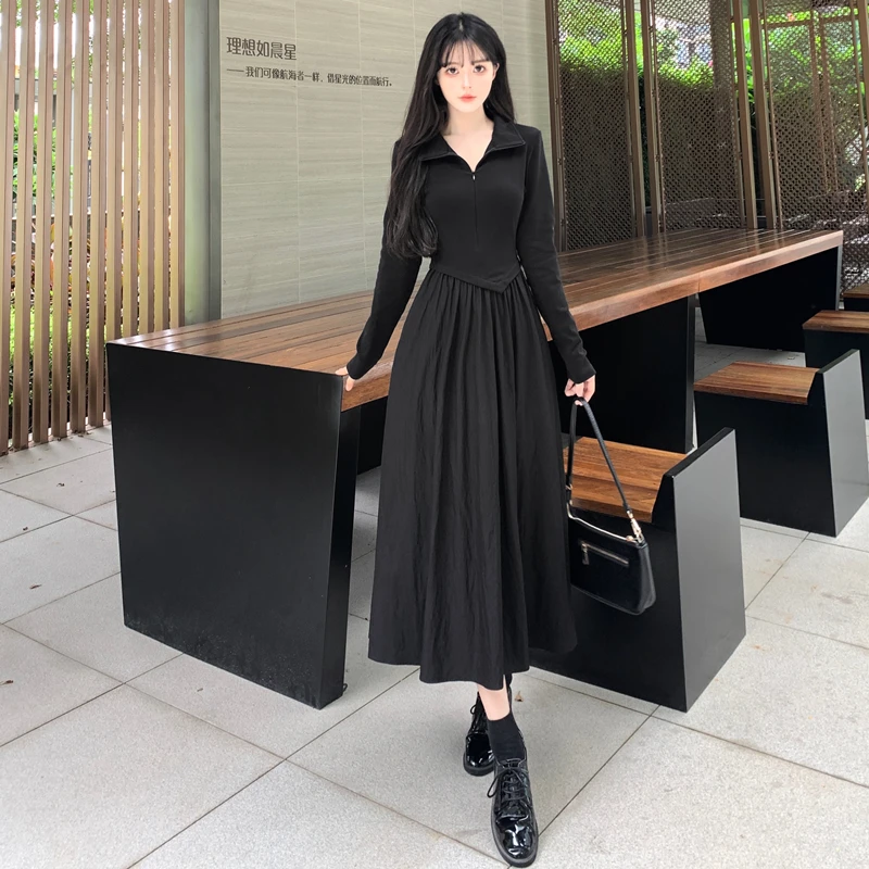 

Elegant Cotton Patchwork Long Dresses For Women 2023 Female Large Size 4XL Autumn Winter Loose A Line Black Robe Slim Vestidos