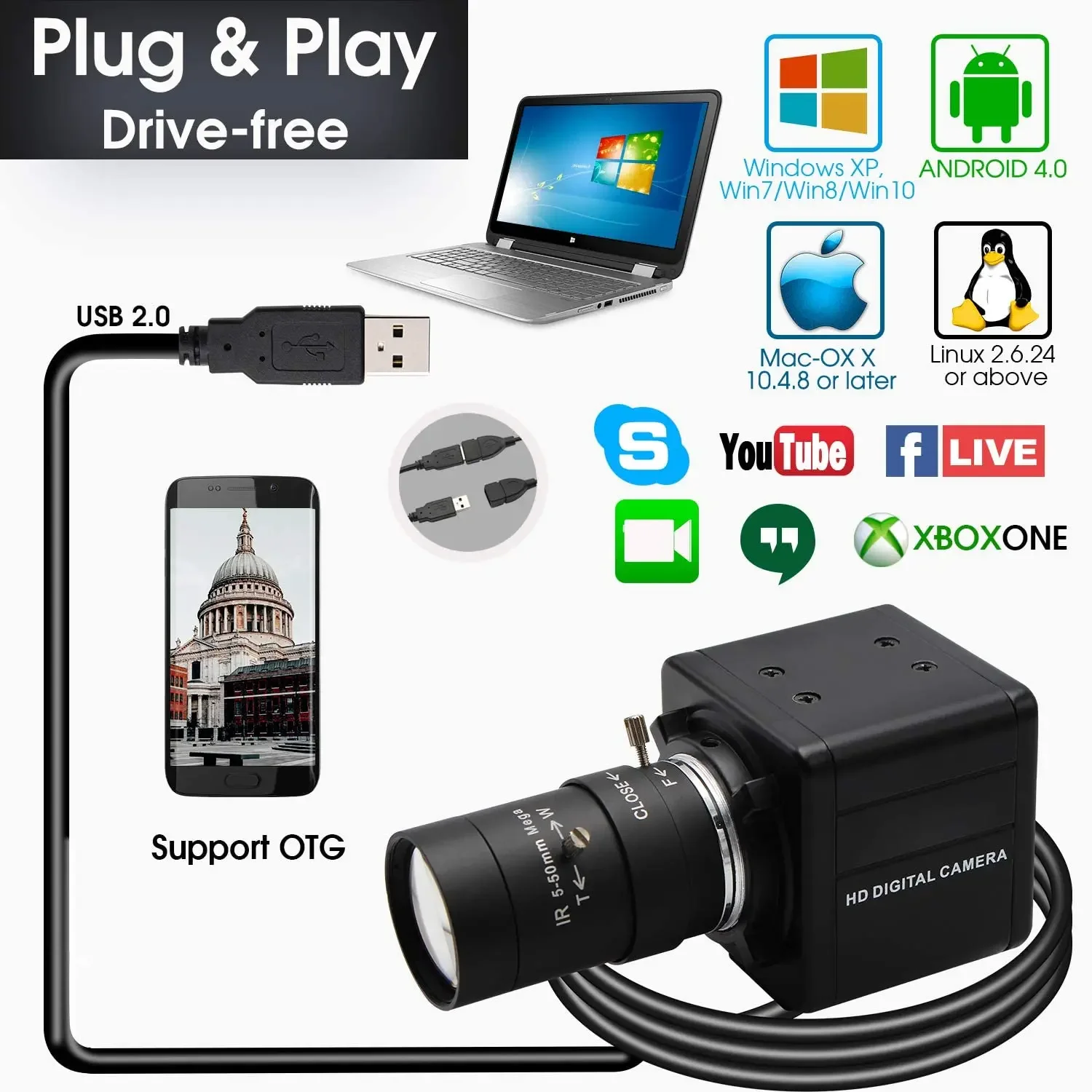 ELP Full HD 1080P CCTV 2.8-12mm Varifocal Lens USB Camera CMOS OV2710 30fps/60fps/120fps PC Webcam for Android ,Linux, Windows