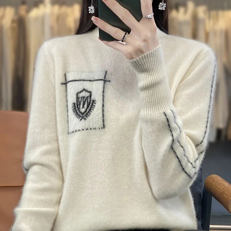 

Pure Woolen Sweater Women's Half High Neck Knitted Sweater Autumn Winter Long Sleeved Pullover Loose Embroidered Bottom Sweater