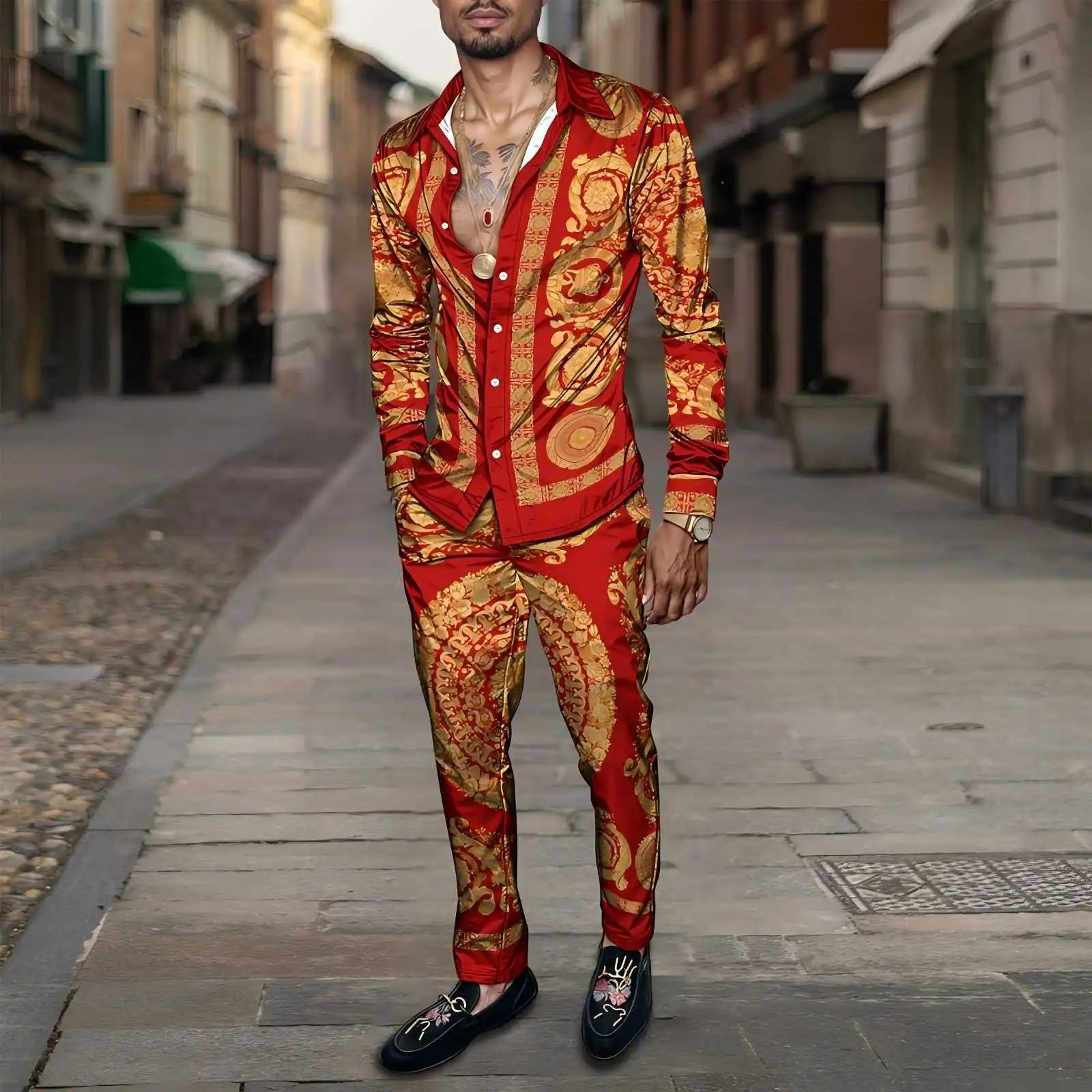 2025 Spring Summer Men Shirt Set Brand Print Fashion Printing Two Piece Set Mens Light Luxury Lightweight Party Long Sleeves_voghion.com