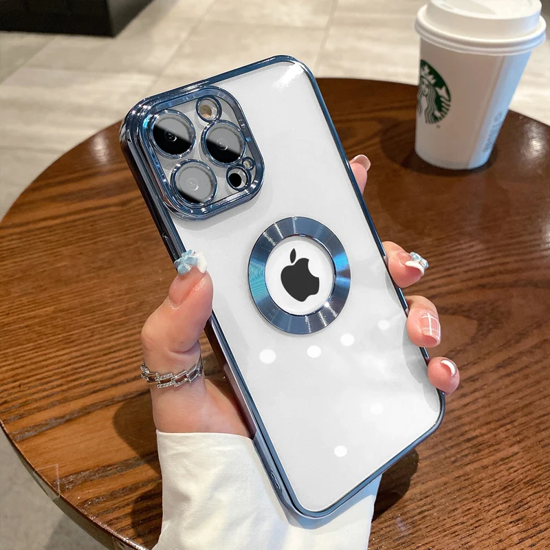

Luxury With Lens Protector Clear Plating Logo Hole Case For iPhone 14 13 12 11 Pro Max Xs XR 7 8 Plus Shockproof Cover