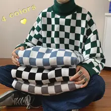 

Checkerboard sweater men turtleneck sweater autumn winter 2021 new Japanese new preppy style thick design couple sweater trend