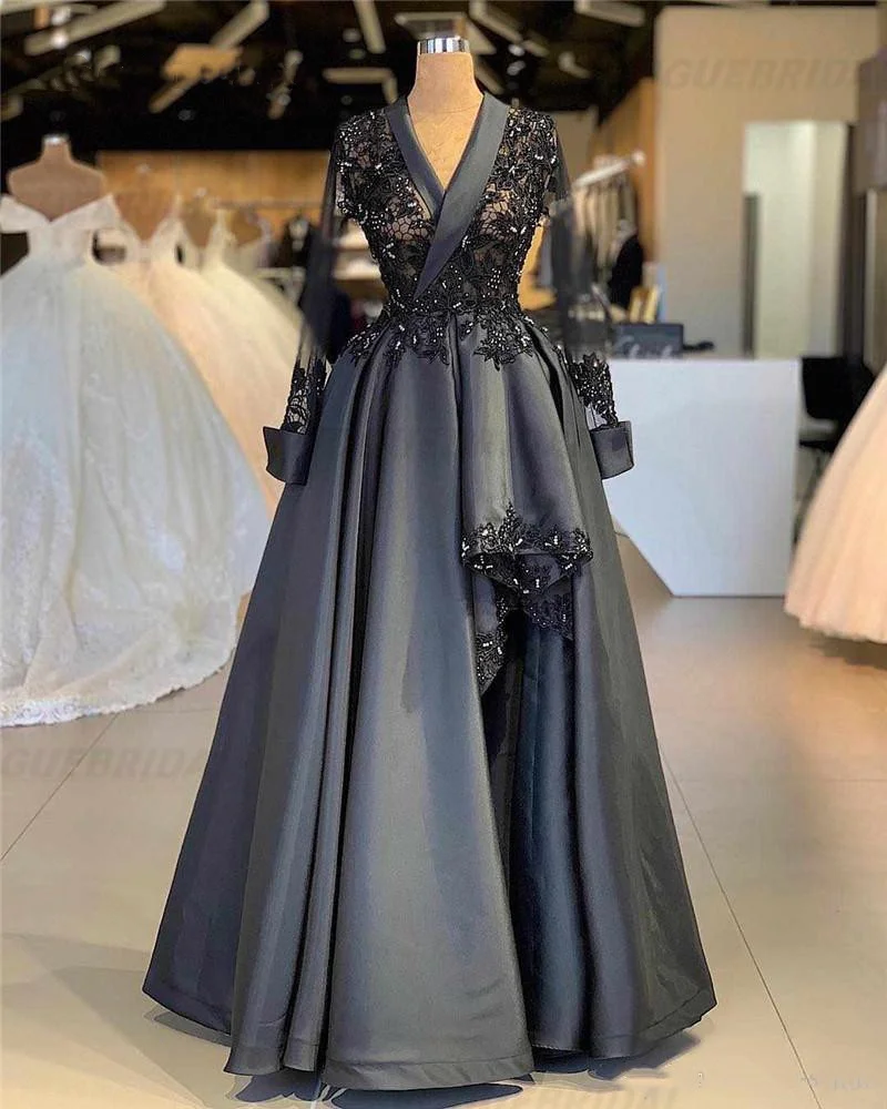 

Sexy Lace Applique A-Line Evening Dress Long Sleeves Satin Formal Prom Gowns Muslim Custom Party Pageant Dress High Quality
