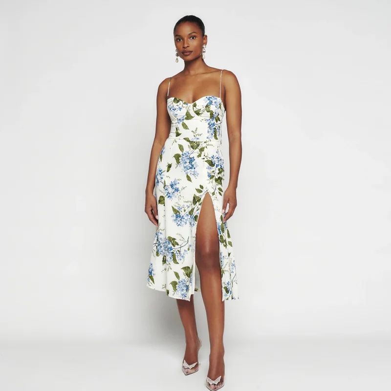 

Reform@tion Sling Dress Women's Summer 2023 Mid Length Split Strap Holiday Style Rensi Fragmented Flower Dress