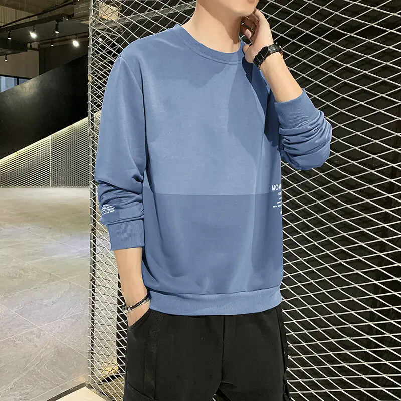 Men's Spring Autumn Round Neck Solid Pullover Letter Printed Long Sleeve T-shirt Hoodies Casual Loose England Style Formal Tops