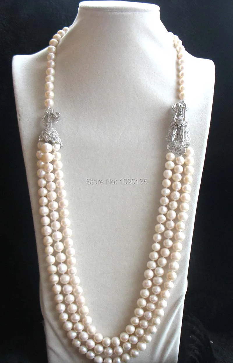 

3rows freshwater pearl near round 7-8mm 8-9mm necklace 28-30inch and dragon clasp