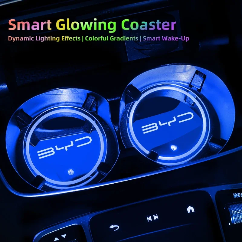 BYD 아토 3 위안 플러스 송 친 한 당 차량용 7색 LED 컵홀더 라이트 코스터, 실내 무드등