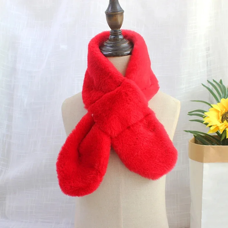 Children Winter Soft Warm Scarf Faux Rabbit Fur Cross Collar Scarves Kids Baby Girl Boy Fashion Shawl Neck Warmer Neckerchief
