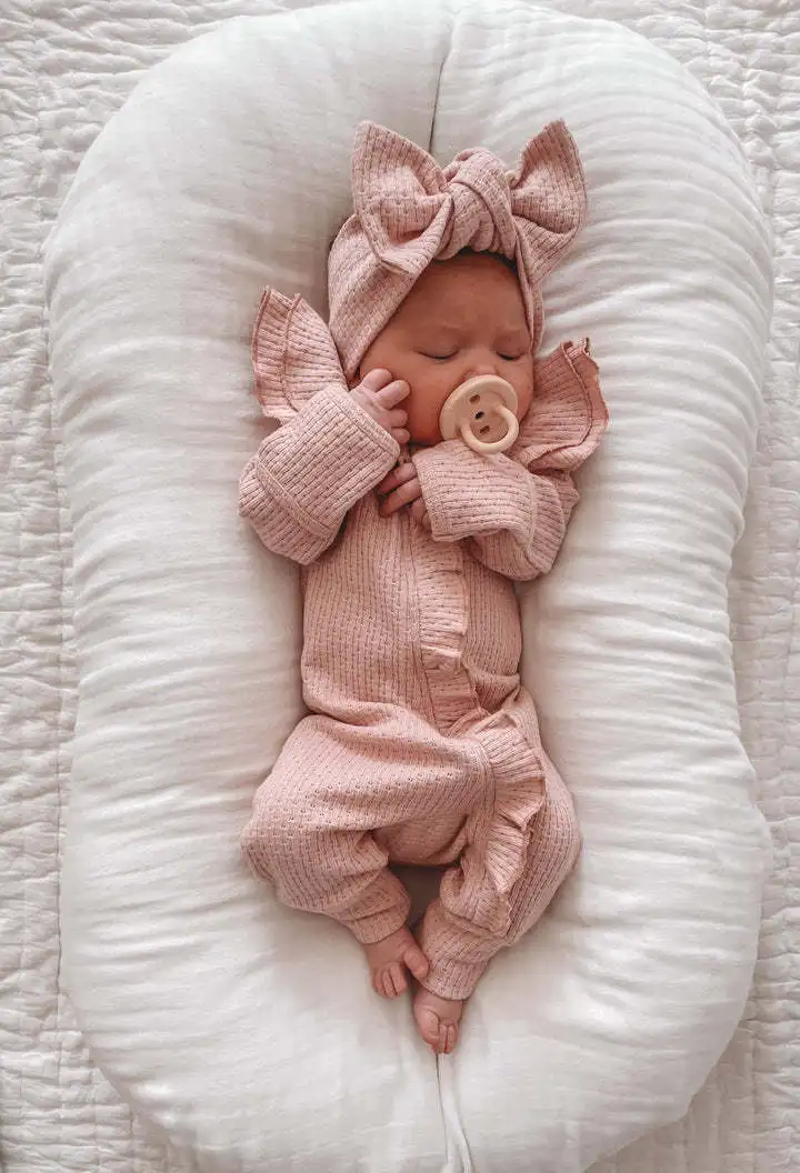 Lange Ärmel Gestrickte Overall Für Kleinkinder Mädchen Komfortable Entzückende Herbst Winter Neugeborenen Body Solide Waffel Strampler – Detail 3