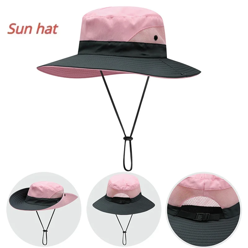 

Women's Girls' Bucket Caps Outdoor UV Protection Foldable Sun Hats Mesh Wide Brim Beach Fishing Hat with Ponytail-Hole