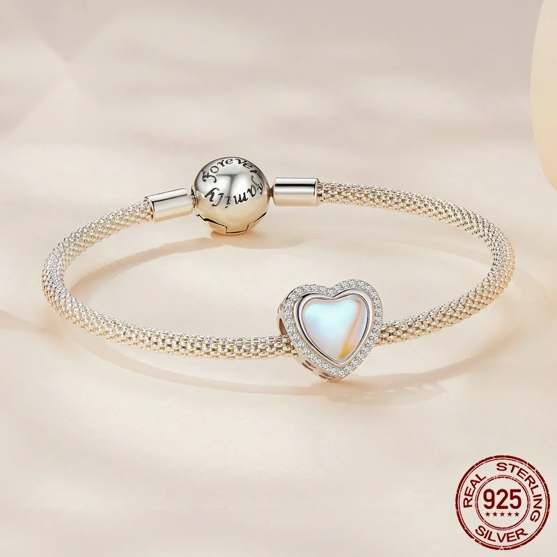 Original S925 Sterling Silver Love Glass Beaded Bracelet Charms Plated With Platinum Zircon Heart-shaped Beads Fit Pan Bracelet