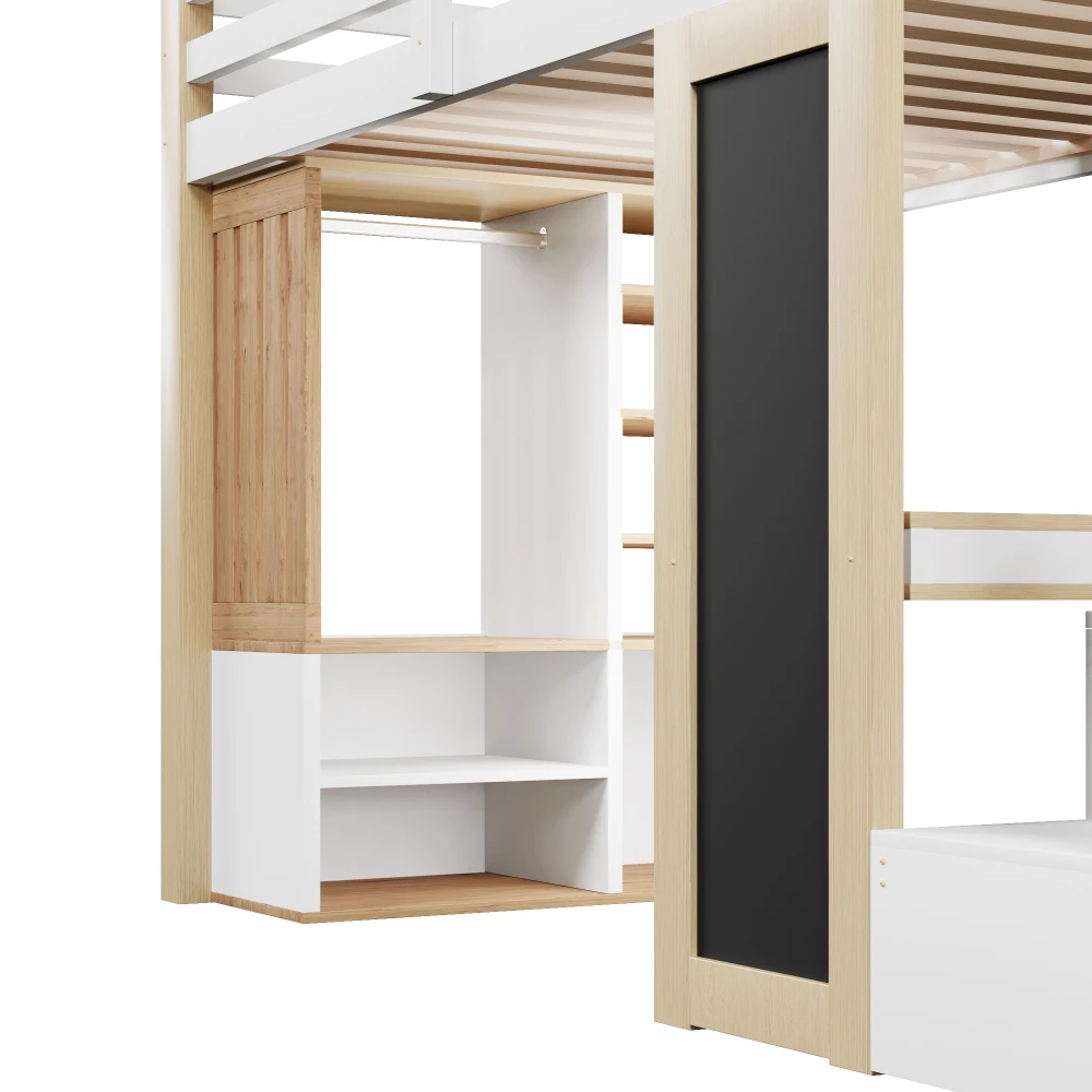90*200cm Kinderbett mit Schreibtisch, Regalen und Kleiderschrank, Leiter, integrierte LED-Beleuchtung – Multifunktionsbett ohne Matratze – Detail 10