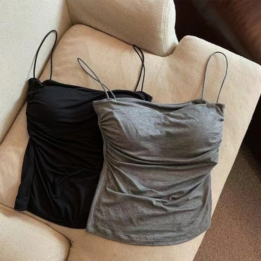 섹시한 소녀 주름 캐미솔 여성 조끼, 민소매 티 패션 크롭 탑, 브래지어 내장 패드, 캐주얼 슬림 핏 캐미솔