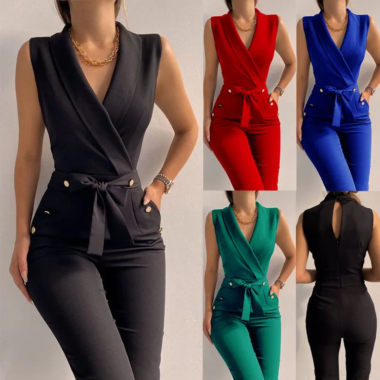 

New Spring and Fall Sexy Lapel Sleeveless Jumpsuit Slim Fashion Career Jumpsuit Factory Wholesale