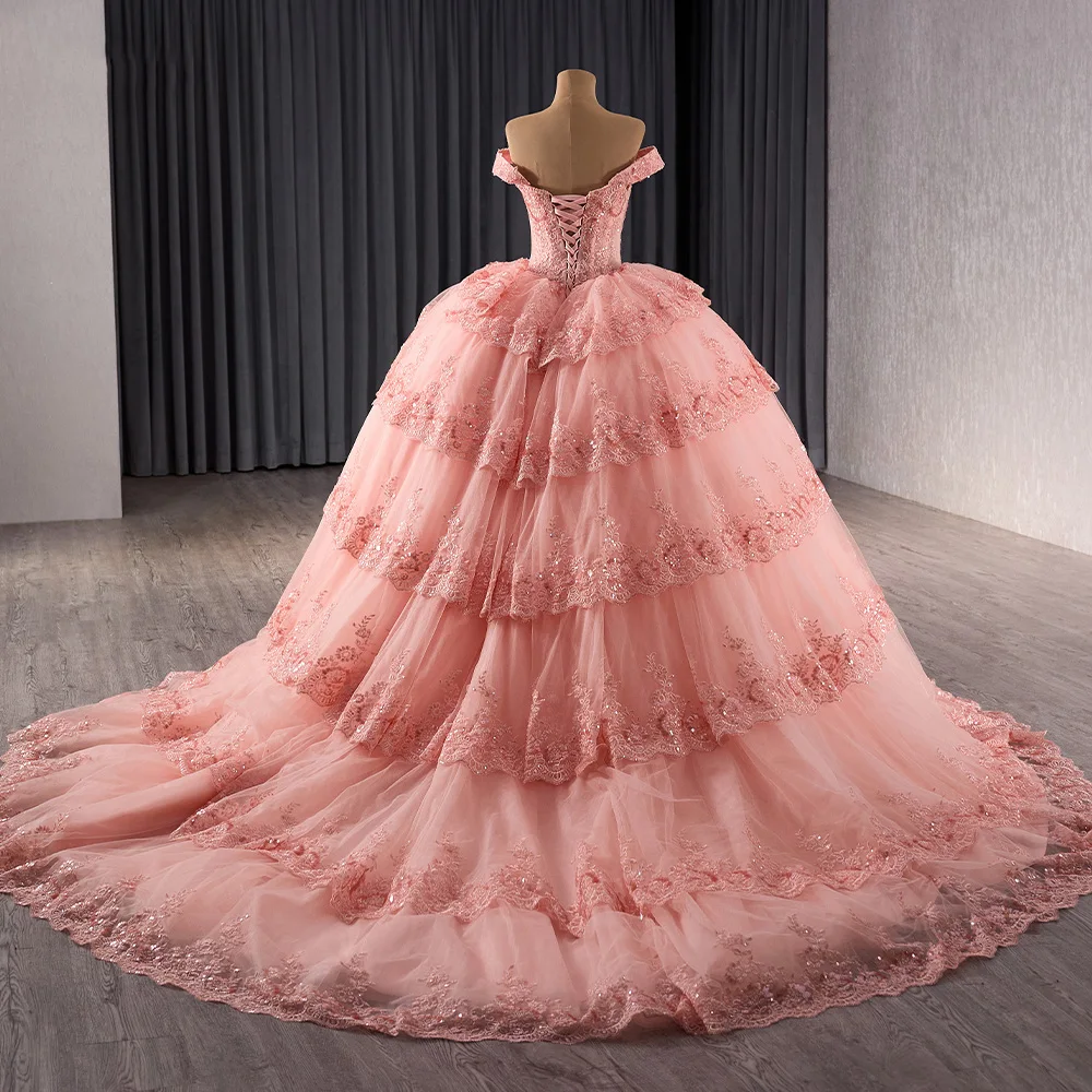 Pink Ball Gown Women Quinceanera Dresses Scoop Tulle Off Shoulder Prom Birthday Party Gowns Formal vestidos de 15 quinceañera 241089 2