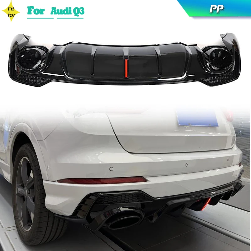 

PP Black Rear Bumper Diffuser Lip Spoiler Protector With Exhaust Tips For Audi Q3 Sport 2021 2022 Car Rear Lip Diffuser Guard