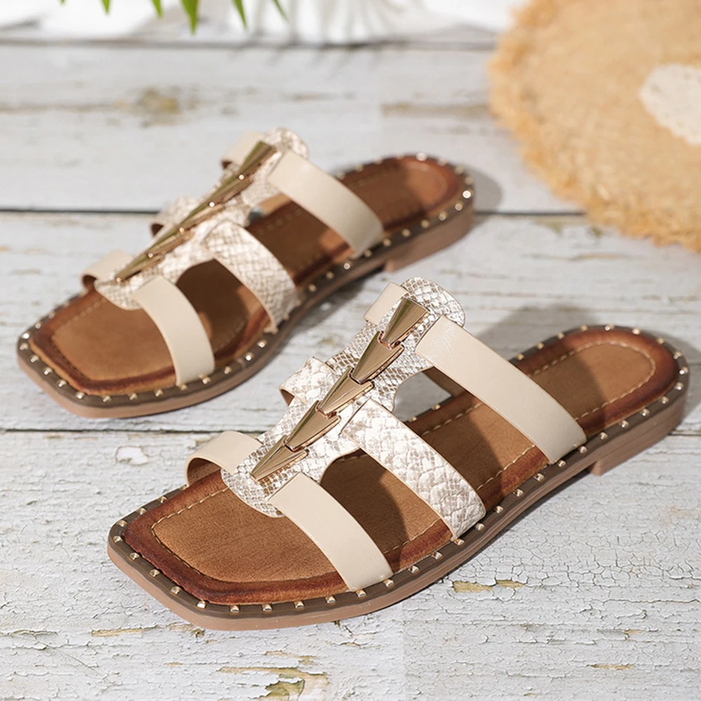 

Сандалии женские в стиле ретро, Нескользящие, открытый носок, модная пляжная обувь с металлическим украшением, повседневные шлепанцы, a252