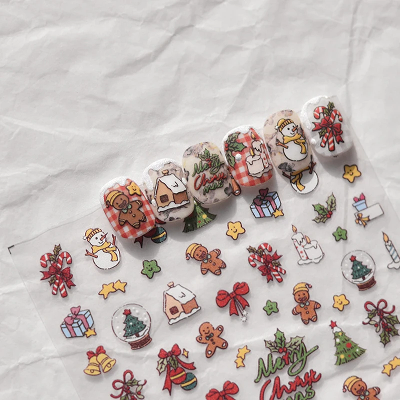 

Cute Merry Christmas Tree Snowman Bear Biscuits Nail Stickers 3D Ultra-thin Adhesive Nail Art Decorations Decals Design to3505