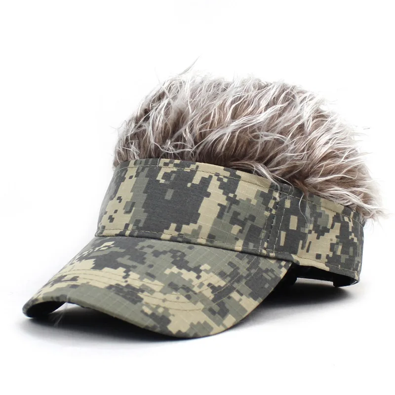 Outdoor-Tarnung Army green Dschungel Sonnenschirm Sonnenhut Spike Haare Perücke Hut Sport Baseball Cap synthetische kurze Haare Perücken Hut Visier – Detail 13