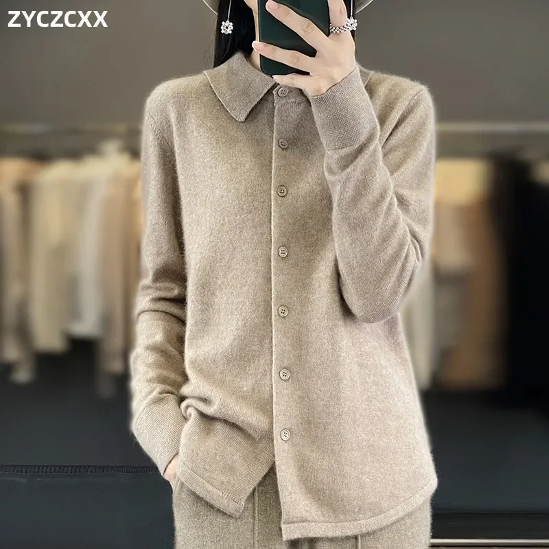 100% 밍크 캐시미어 폴로 칼라 여성 스웨터, 단색 가디건, 두껍고 따뜻한 카디건, 2023 가을 겨울 신상