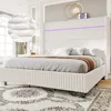 Queen Bed Frame with LED Lights, Corduroy Upholstered With 60" Tall Wingback Headboard and Charging Station, Beds Frames 1