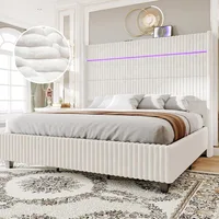 Queen Bed Frame with LED Lights, Corduroy Upholstered With 60" Tall Wingback Headboard and Charging Station, Beds Frames 1