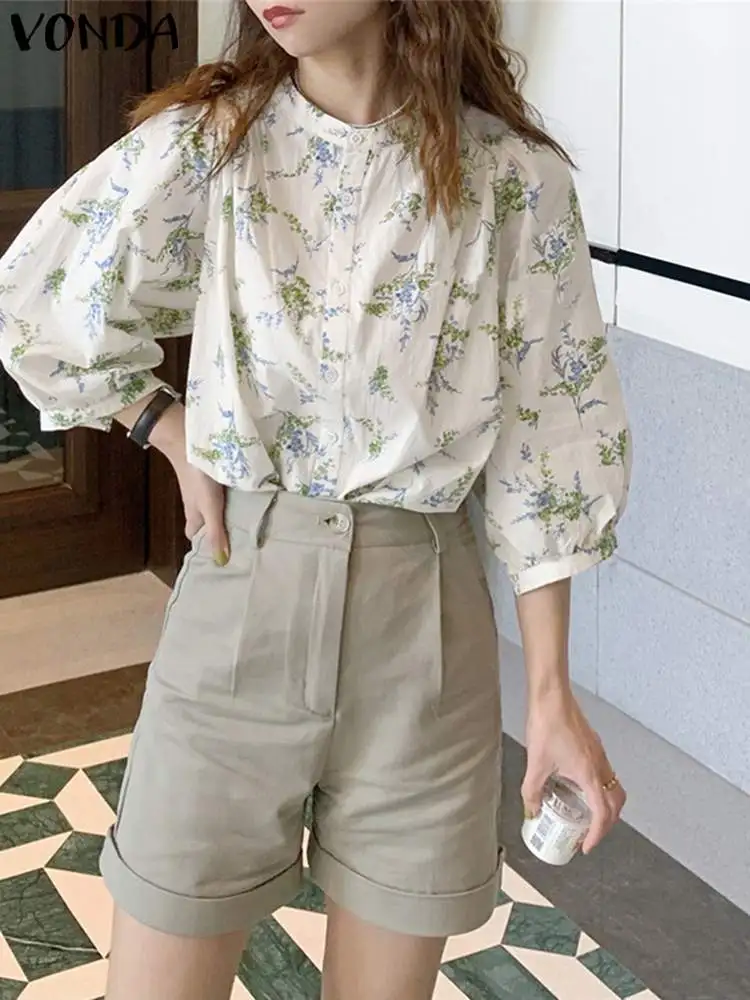 

Женская Элегантная блузка 2023 VONDA, элегантные топы с принтом и рукавами-фонариками, модные женские пляжные топы, мешковатая блузка