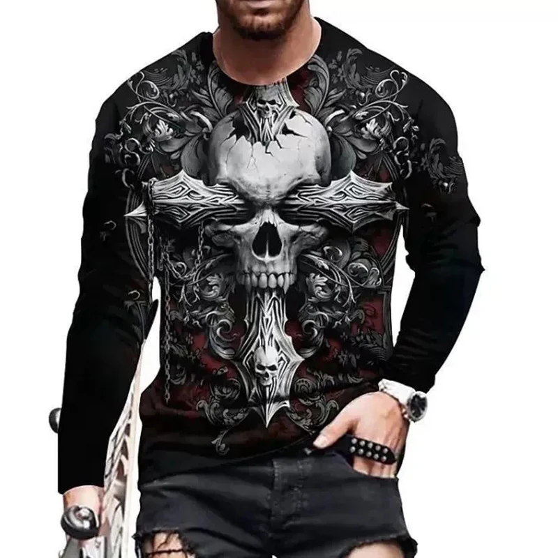 トップス skull graphics long cutsew New Tide Skull Pattern European Size long Sleeved T-shirt