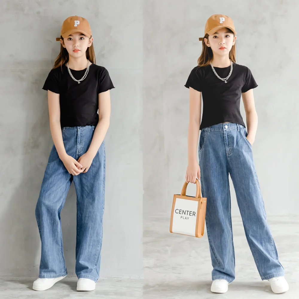 

Teenager Girls Suits Summer Children Long Sleeve T-shirt+denim Pants Sports 2pcs Streetwear Casual Big Girl Clothes Kids Outfits