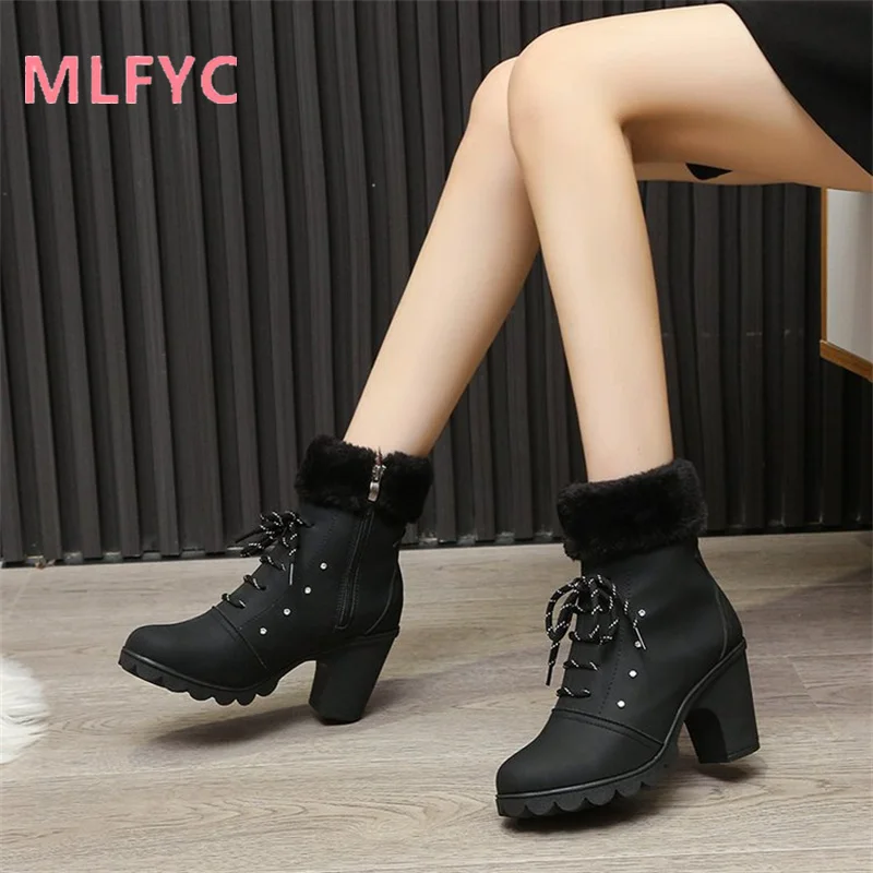 Winter short boots, Korean version, high heels with fur waterproof platform, autumn and winter thick heels women's boots