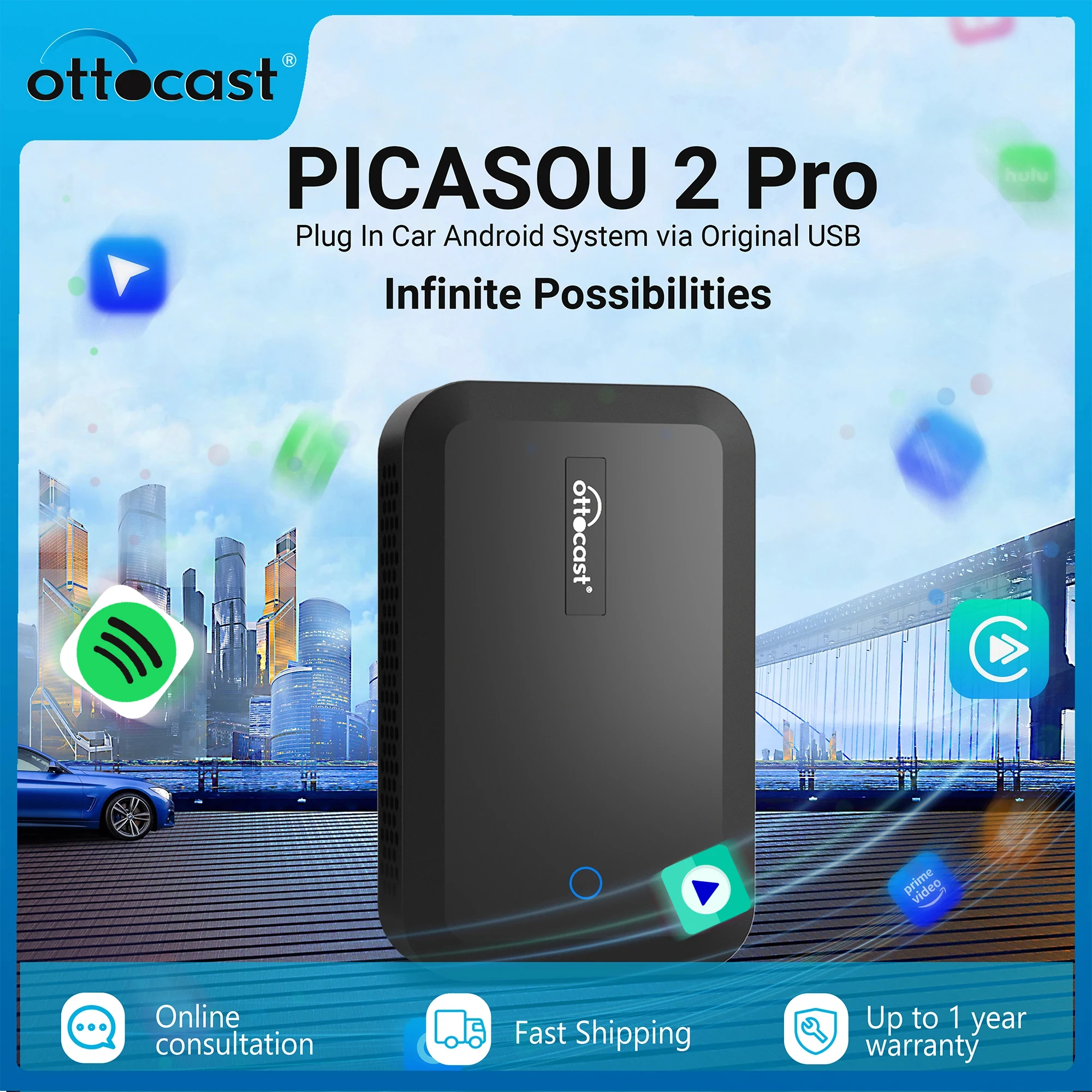 OTTOCAST PICASOU 2 PRO CarPlay AI Box Wireless CarPlay Android Auto HDMI  Input for fire TV stick Netflix Box for Kia Hyundai