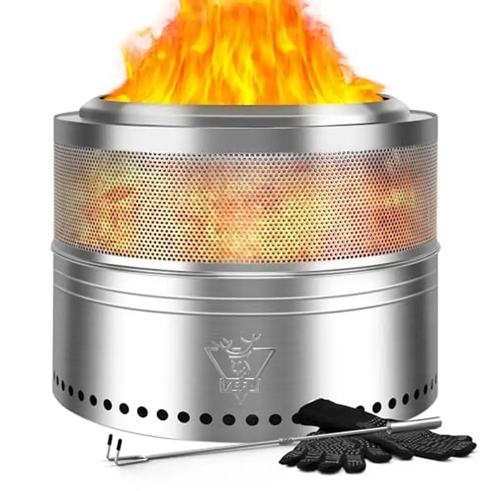 Outdoor Folding Stainless Steel Fire Pit 20" Dia Smokeless Wood Burning Fireplace Portable with Removable Ash Tray & Heat
