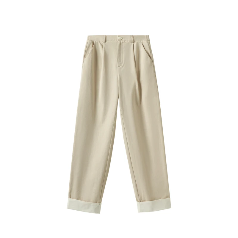 INMAN Women Pants 2023 Spring High Waisted Straight Loose Pure Cotton Comfort Light Khaki Casual Chic All-match Trousers
