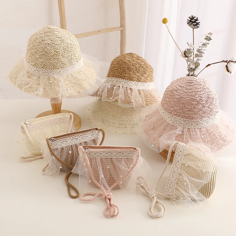 Sun hat sun protection hat Summer child casual butterfly straw hat handbags Sets Kid girls Outdoor holiday panama cap straw bags