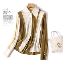 

2022 Design Slim Shirts Women Spliced High Street Poplin SILK Spandex Patchwork Camisas Blancas De Mujer Elegante Fashion Tops