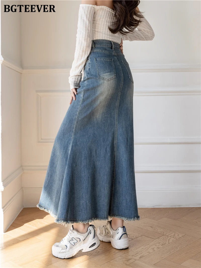 BGTEEVER Chic Stylish Women Long Skinny Mermaid Denim Skirts Summer Fashion High Waists Button Female Package Hip Jeans Skirts