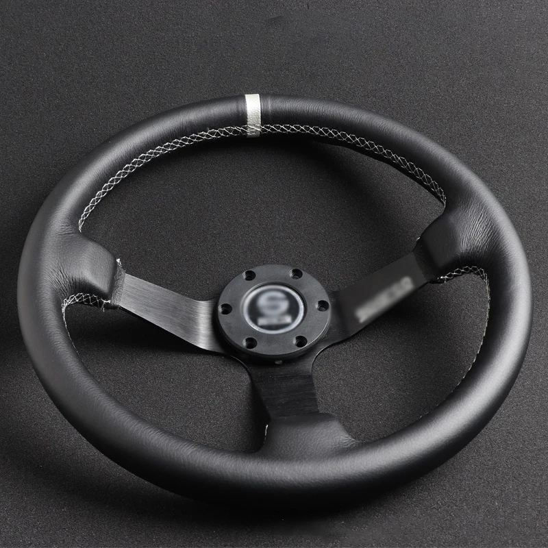 

Автомобильное модифицированное гоночное рулевое колесо, 14-дюймовое рулевое колесо, кожаное глубоко вогнутое алюминиевое рулевое колесо