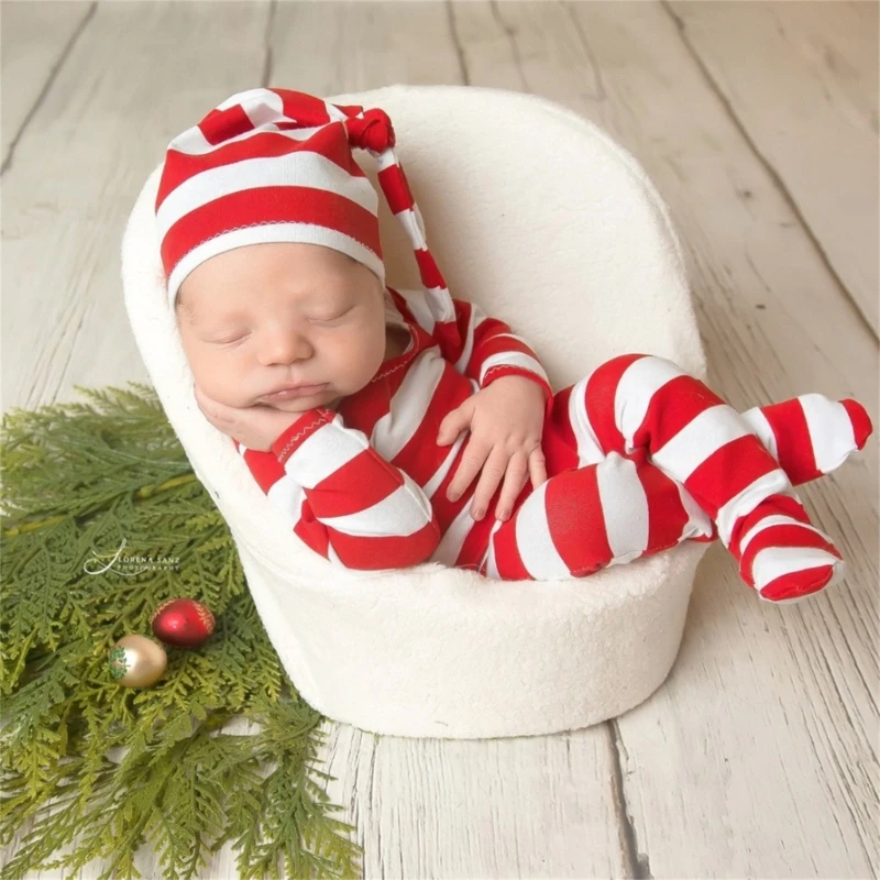 

Newborn Photography Outfit Red White Stripe Bodysuit Romper Hat Boy Christmas Drop Shipping