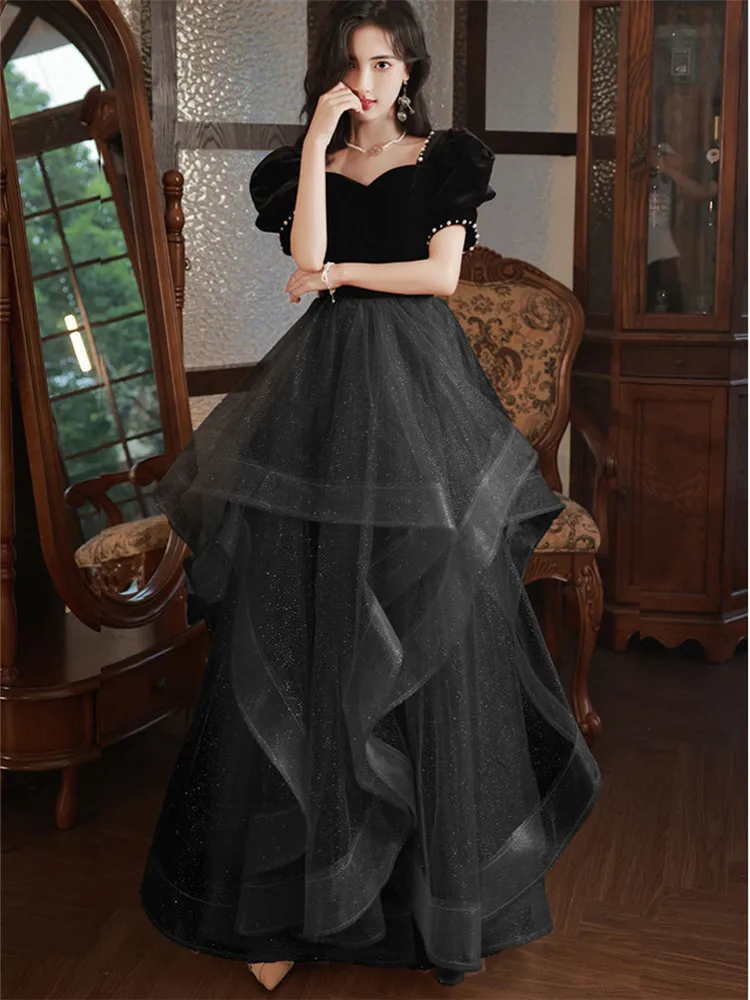 black-dress-women's-summer-new-beaded-stitching-square-collar-gauze-short-sleeve-long-ball-gown-skirt-female-clothing-m155